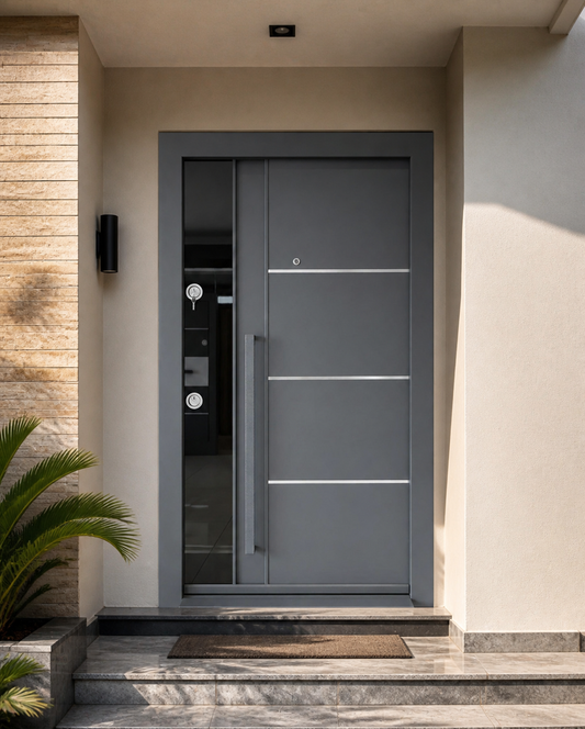 GRAY security door installed in a contemporary Nigerian home entrance